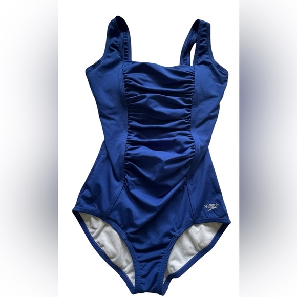 Women's Speedo Blue Endurance Shirred Ruched Tank One Piece Swimsuit Size 8 - Picture 1 of 11